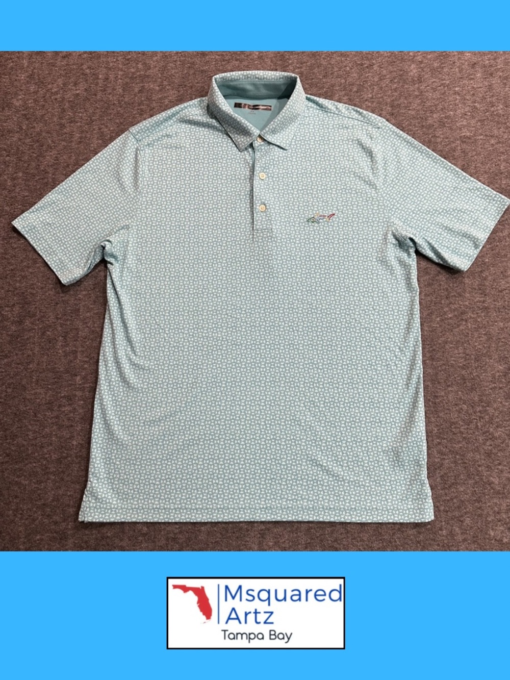 Greg Norman Shark Golf Polo Shirt Aqua Geometric Print Pima Cotton Medium